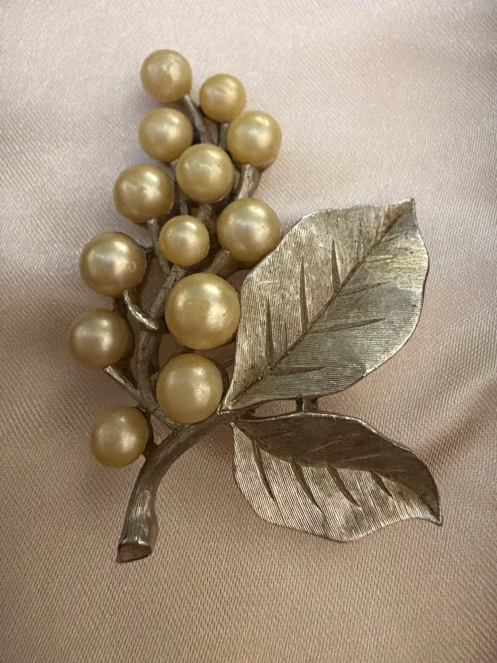 Signed Crown Trifari Silver Faux Pearl Grape Cluster Brooch Pin
